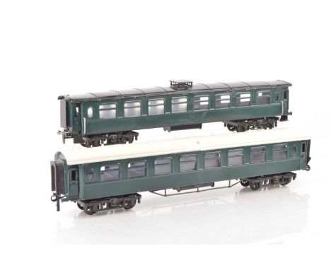 A pair of Modified 0 Gauge Continental style Passenger coaches (2),  appear to have been made/extended from more than one coa