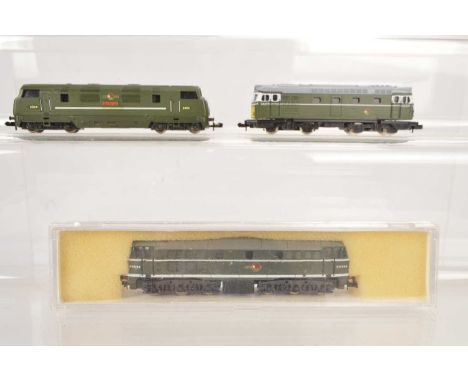 Lima and Minitrix N Gauge BR Diesel Locomotives (3) cased Lima 214 D5509, Minitrix, D824 Highflyer (renamed/numbered) and D53