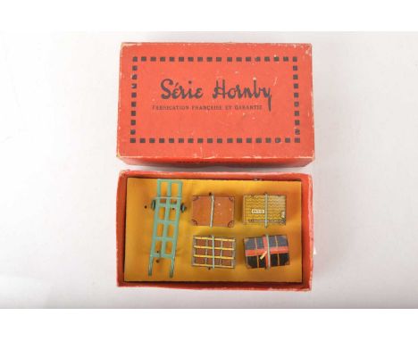French Hornby 0 Gauge Railway accessories No.1,   Luggage with 'PARIS' Trunk and Trolley all strung to an original backing bo