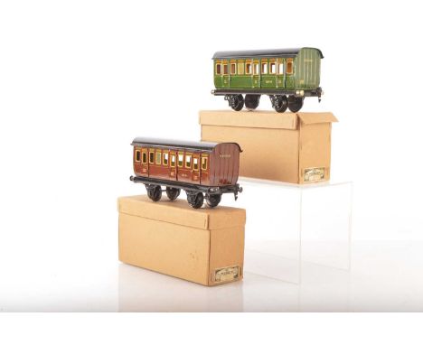 Marklin Gauge 1 Continental outline pair of restored 4-wheel Passenger coaches, (2) No.18641 all 3rd in Brown with yellow lin