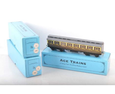 Ace 0 Gauge modern issue C/1 group of GWR Passenger coaches with clerestory roofs (3),  all 3rd *2 and all 1st, VG-E, boxes V
