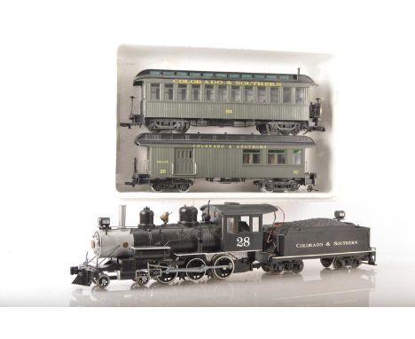 A Bachmann Gauge 1 two-rail American 4-6-0 Locomotive Tender and two Coaches (4), the loco a Baldwin 'ten-wheeler' in black a