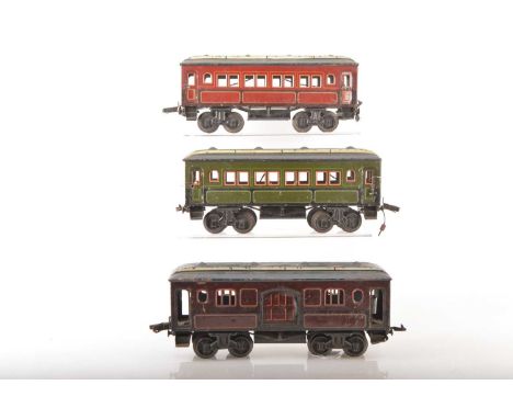 Bing Gauge 1 Continental/American outline group of 31cm Bogie Passenger coaches (3), consisting of tinprinted red with orange