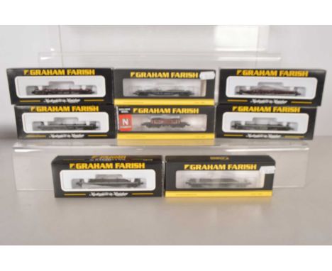N Gauge Graham Farish by Bachmann Bogie Bolster Wagons and Queen Mary Brake Van (8), all boxed, bogie bolster wagons, 373-926