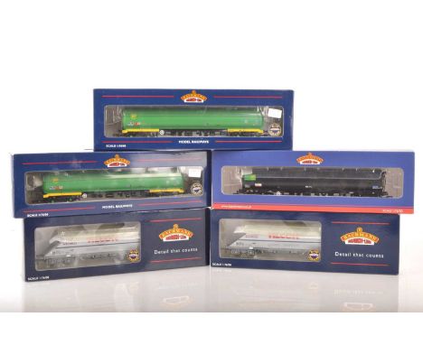 Bachmann 00 Gauge boxed bogie Tank and Hopper Wagons (5), 38-220 BP black Crude Oil and 38-111 BP green (2) Tank wagons, 37-3
