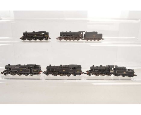 Unboxed N Gauge Bachmann BR Steam Locomotives (5), all in black livery, locomotives with tenders, Austerity Class 90201 weath