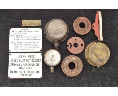 GWR Pressure Gauges and Other Items of Railway Hardware (10), two brass cased GWR pressure gauges, both 13cm in diameter, one