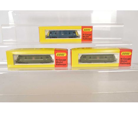 Hornby Minitrix N Gauge BR Diesel Locomotives (3), three boxed examples, Warship Class, N.208 D825 Intrepid (2), in green liv