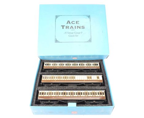 V ACE Trains 0 Gauge LNWR chocolate and cream 3 Coach Set, comprising All First, All Third and Third Brake, in original box, 