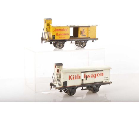 Marklin Gauge 1 pair of Continental long wheel base 24cm advertising wagons (2), Ref: 1992 DR Yellow body 'Jamaica Bananen' w