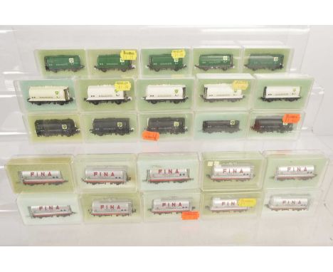 Peco N Gauge 45T Fuel Tank Wagons (25), all cased in various liveries,  BP, black (5), green (5), white (5), Fina in silver (
