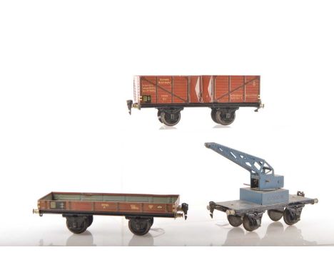 Marklin Gauge 1 Group of 4-wheel Continental Goods wagons (3), consisting of a 1974 crane truck in blue and black, DR Ref: 17