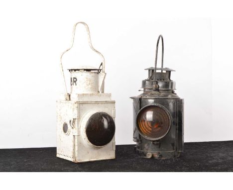 BR and Adlake Railway Lamps (2), repainted BR lamp of square form with loop handle, above main red lense and two small side w