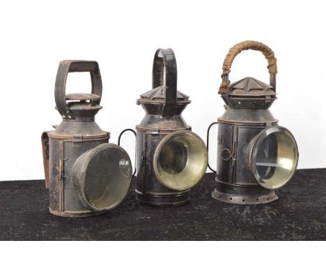 BR and SER Railway Lamps (3), all with loop handles, one stamped BR/SR, brass plaque stamped 3531, two colour lamp all lenses