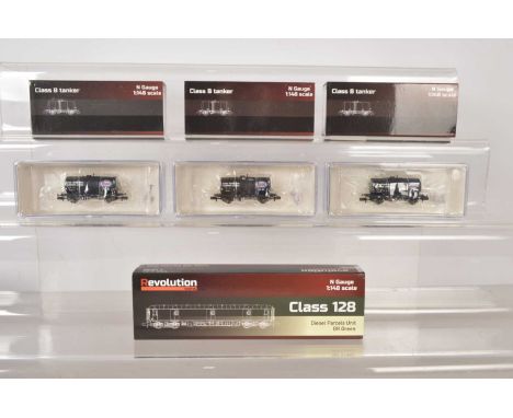 Revolution Trains N Gauge Diesel Locomotive and Tank Wagons (7),  all cased, N-128-55994A BR Parcels Unit W55994 in green liv