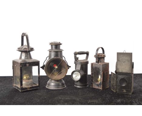 Various Railway Lamps (5), all black painted, a Dietz Tubular Driving Lamp, with loop handle, main front lense damaged, rear 