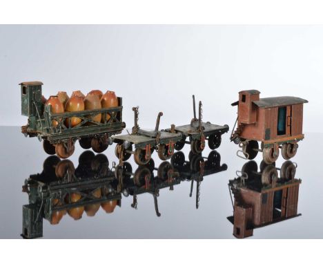 Marklin Gauge 1 group of early Goods wagons (4), Ref:157 small covered wagon in brown number 157 to the doors with Vigie and 