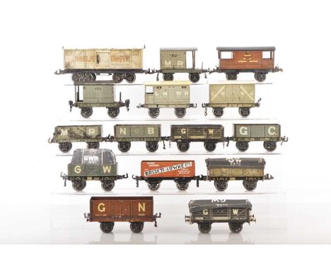 Bassett Lowke/Marklin/Bing 0 Gauge mixed group of Goods wagons (15),  LNWR Brake Van, covered wagon, MR/NB & GC open wagons*3