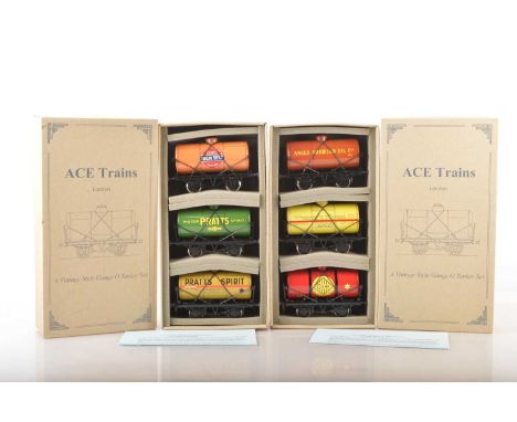 Ace 0 Gauge modern issue 4-wheel Tank wagon sets (2), Set 3 Pratts 'High Test' orange, 'Spirit' green and 'Spirit' Brown, Set