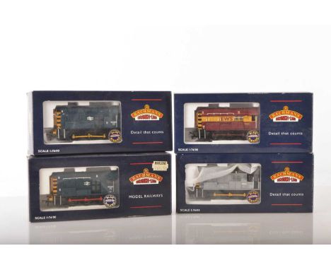 Bachmann 00 Gauge boxed BR and EWS Class 08 Diesel Shunters (4), 32-102 BR blue 08623, 32-103 EWS maroon 08921, 32-107 BR Dep