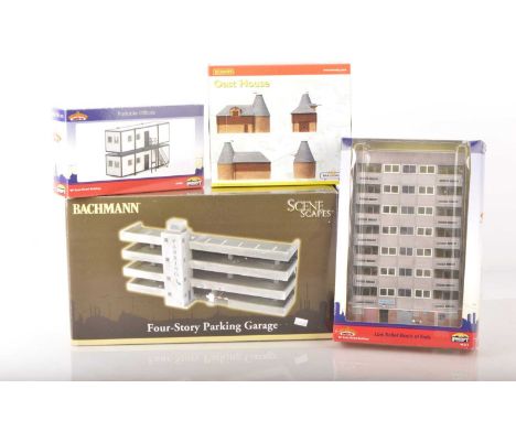 Bachmann Scene Scapes and Scenecraft 00 Gauge boxed Car Park Block of Flats and Offices and Hornby Oast House (4), Bachmann, 