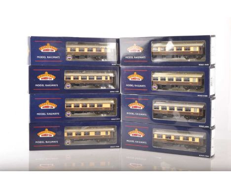 Bachmann 00 Gauge boxed chocolate and cream Pullman Coaches with lighting (8), 39-280 Kitchen Car 'Eagle', 39-280A Kitchen Fi