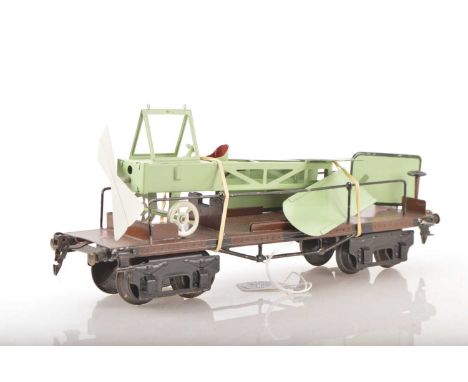 Marklin Gauge 1 Ref: 1881 Low sided bogie wagon with plane load, Wagon is original dark brown with black detail, the plane lo
