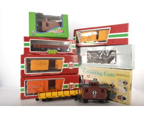 LGB and other Gauge 1 American-style Rolling Stock (9), including boxed LGB baggage car ref 30845, bogie open wagon ref 40610