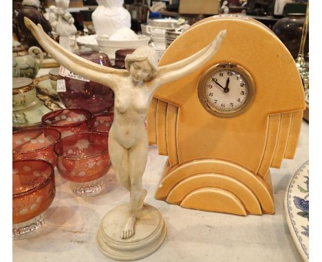 Orange glaze St Clement Art Deco marble clock and an Art Deco type female nude mirror stand, lacking mirror, H: 23 cm. Not av