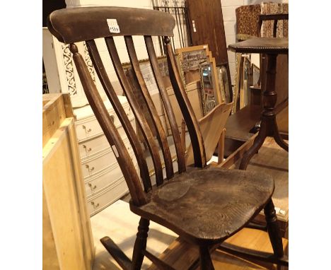 Antique stained beech stick back low rocking chair, H: 92 cm. Not available for in-house P&amp;P, contact Paul O'Hea at Mailb