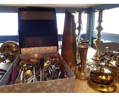 Shelf of mixed metalware to include silver plate and brassware. Not available for in-house P&P, contact Paul O'Hea at Mailbox