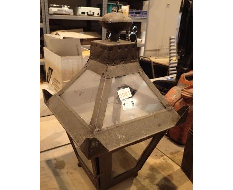 Large antique hanging steel exterior lantern, H: 60cm. Not available for in-house P&amp;P, contact Paul O'Hea at Mailboxes on