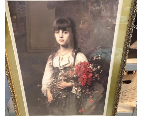 Gilt framed print of a young girl, 61 x 84 cm. Not available for in-house P&amp;P, contact Paul O'Hea at Mailboxes on 01925 6
