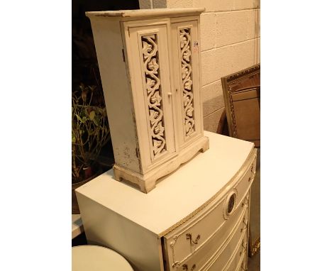 White painted pine double pierced door four shelf cupboard, 45 x 70 cm. Not available for in-house P&amp;P, contact Paul O'He