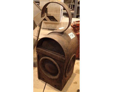 Vintage handheld roadside warning lantern with original burner. Not available for in-house P&amp;P, contact Paul O'Hea at Mai