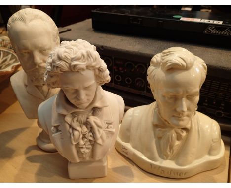 Three ceramic busts to include Beethoven example. Not available for in-house P&amp;P, contact Paul O'Hea at Mailboxes on 0192