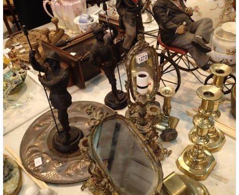 Collection of good brass ware including a desk inkwell, table mirrors etc and two spelter guardsmen. Not available for in-hou