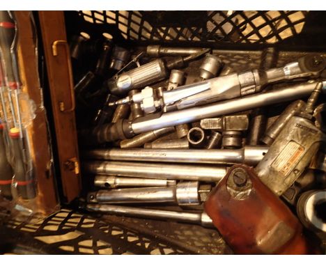 Box of mixed tools including a Beta utensil socket set and eight Facom screwdrivers, air tools etc. Not available for in-hous