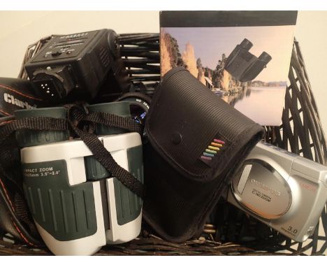 Quantity of cameras including Olympus, a pair of binoculars and a Minolta lens. Not available for in-house P&amp;P, contact P