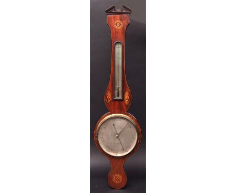 Early 19th century mahogany and boxwood line inlaid wheel barometer, Joseph Monti, the case with break arch pediment over a b