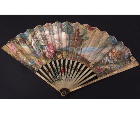 19th century Continental ivory and tortoiseshell mounted 16 stick fan, carved to the end sticks with male and female figures 