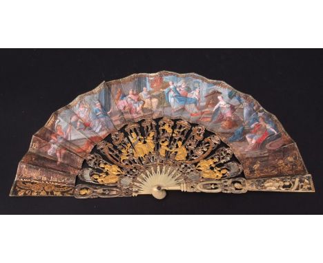 Late 18th/early 19th century Continental ivory and gilt highlighted 14 stick fan, decorated throughout with sequins and tri-g