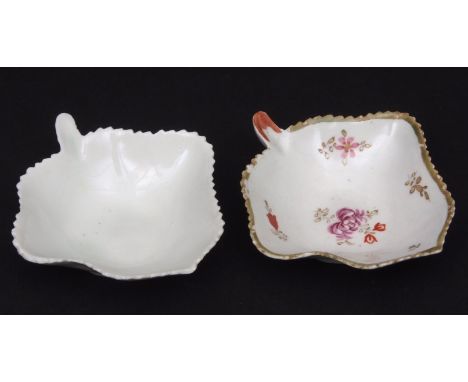 Two Lowestoft leaf shaped pickle dishes circa 1780 the first left in the white, the second with floral sprays within a green 