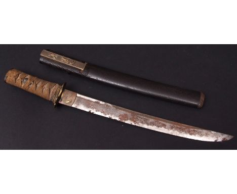 Japanese Tanto dagger in ribbed and textured black lacquer saya, the mismatched corroded iron and soft metal mounts depicting