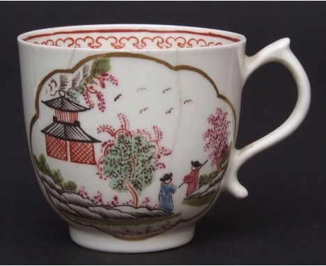 Lowestoft coffee cup circa 1770 decorated in Worcester style with the stag hunt pattern comprising two panels with gilt borde