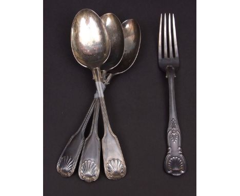 Mixed Lot: three double struck Fiddle thread and husk table spoons, London 1902, makers mark WC, together with a Kings patter