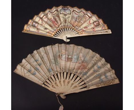 Mixed Lot: Continental pierced and gilt highlighted 17 stick fan with applied silk panel depicting courting couples, together