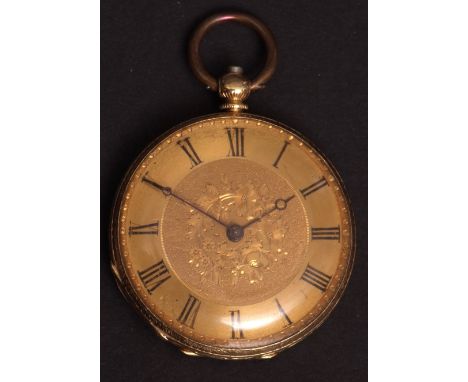 Late 19th century Swiss 18K cylinder fob watch, C Matthey, the frosted gilt and jewelled movement with mono-metallic balance 