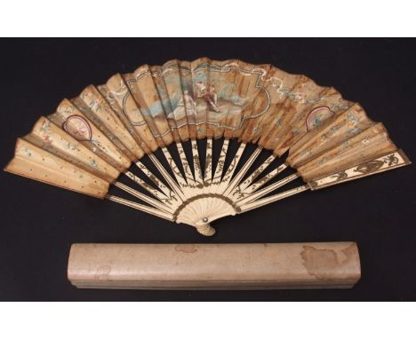 Late 19th century Continental bone and gilt highlighted 16 stick fan, decorated to one side with gilt highlighted detail of b