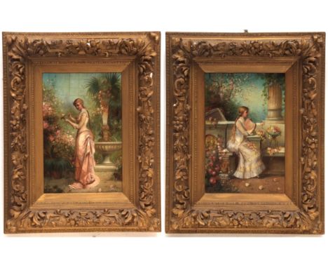R MALVIN (LATE 19TH/EARLY 20TH CENTURY, CONTINENTAL) Ladies in garden settings with flowers pair of oils on panel, both signe